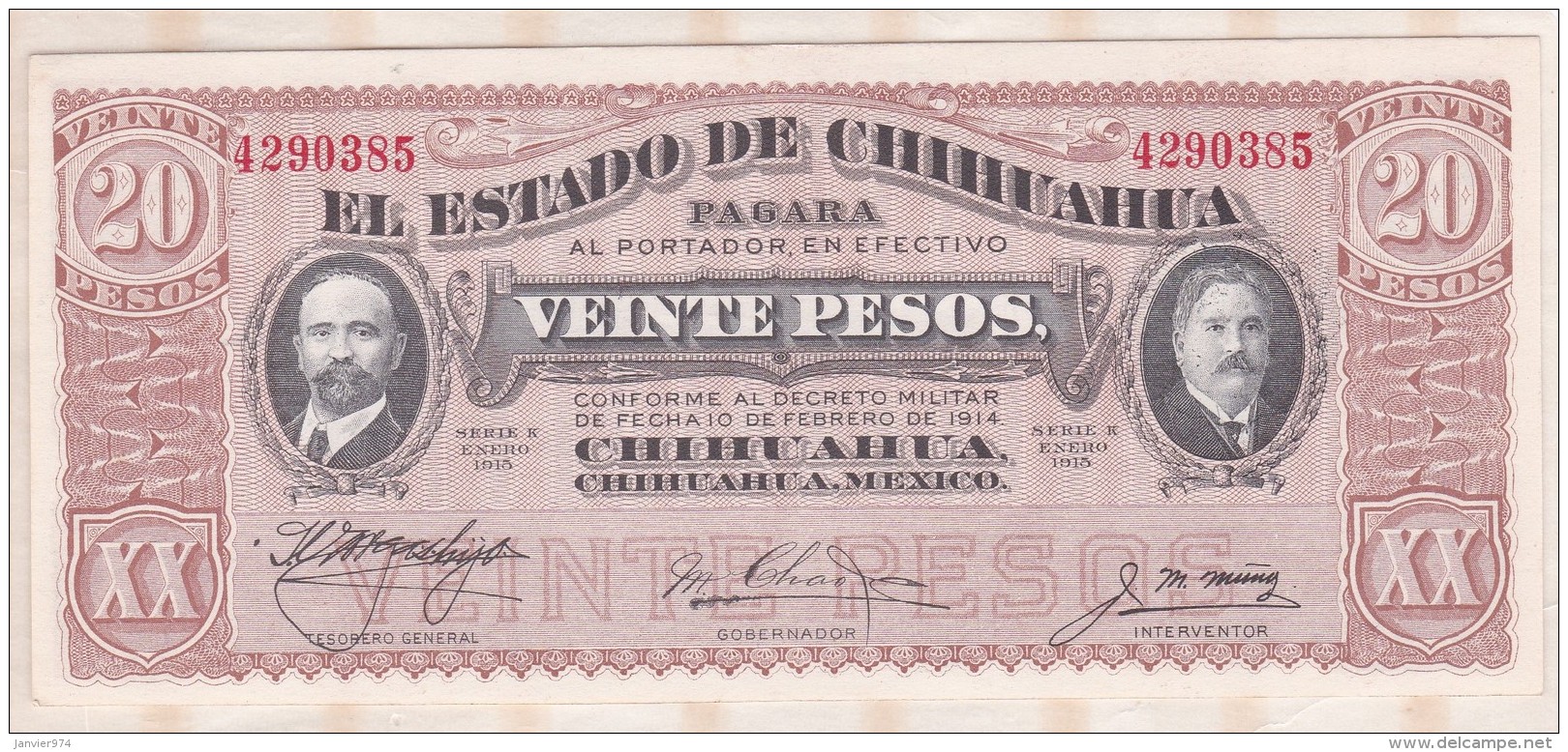 EL ESTADO DE CHIHUAHUA 20 Pesos 1915, Série K ,N° 4290385 , NEUF - Mexiko