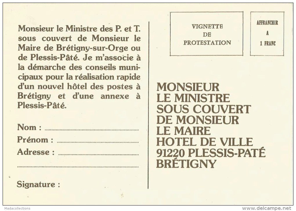 Bretigny-sur-Orge  (91) Carte Pétition Pour Un Nouvel Hôtel Des Postes ( Thème PTT) - Bretigny Sur Orge