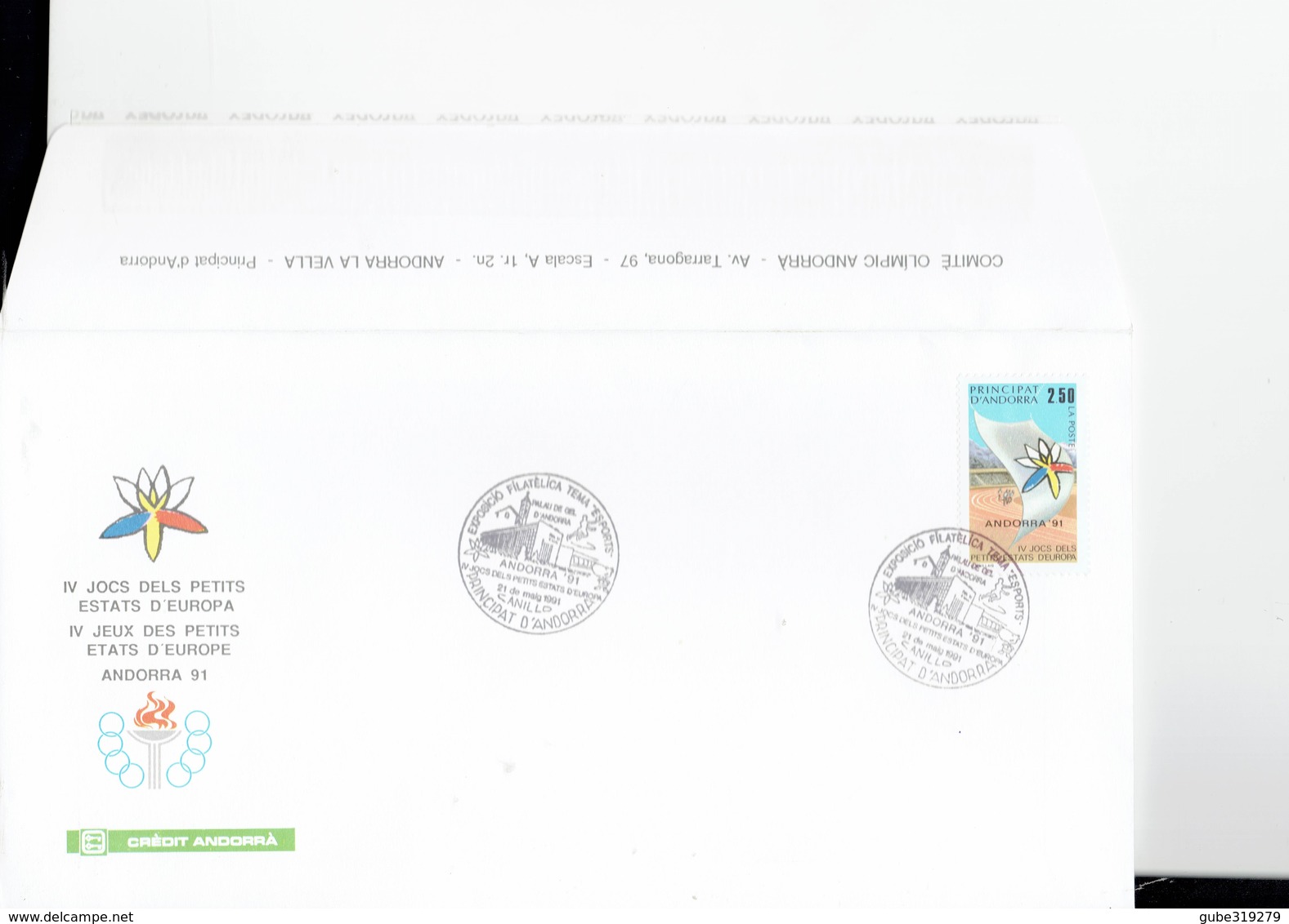 ANDORRA 1991 -RARITY  SPECIAL FDC SUR PAPIER COMITÉ OLIMPIQUE ANDORRA - EXPO PHILATELIQUE THEME "ESPORTS" CANILLO OBL.21 - Briefe U. Dokumente