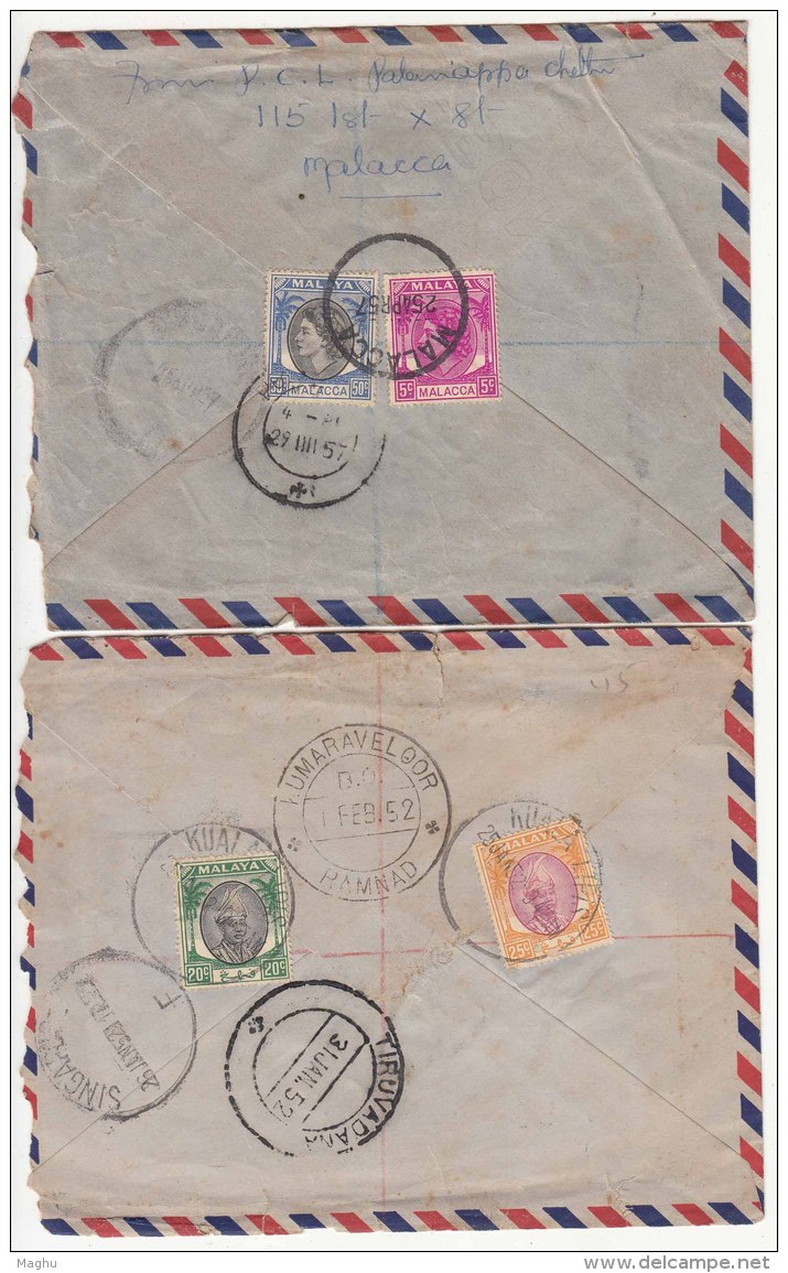 2 Diff Registered Airmail, Malacca, Kuala Lipis, Pahang, Malaya To India Used 1952, As Scan - Malacca