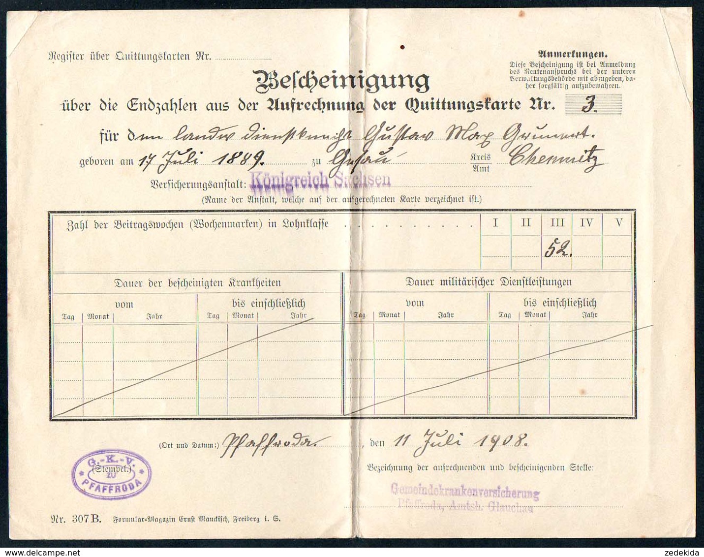 3430 - Pfaffenroda - Quittungskarte Quittung - Landesversicherungsanstalt Sachsen - Versicherung Stempel 1908 - 1900 – 1949
