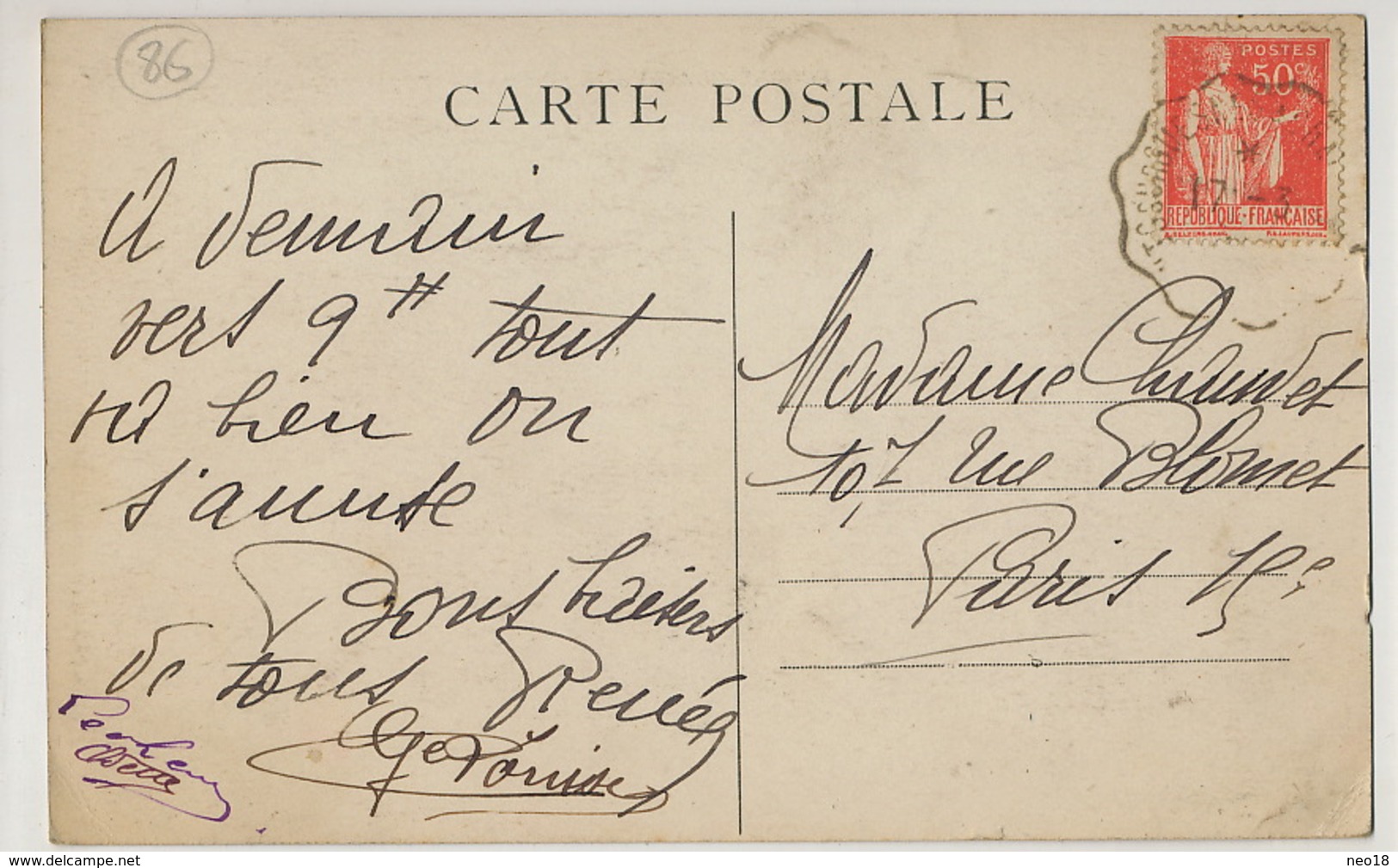 Scorbé Clairvaux Rue Principale Cachet Train Sur Type Paix 50 Cts - Scorbe Clairvaux