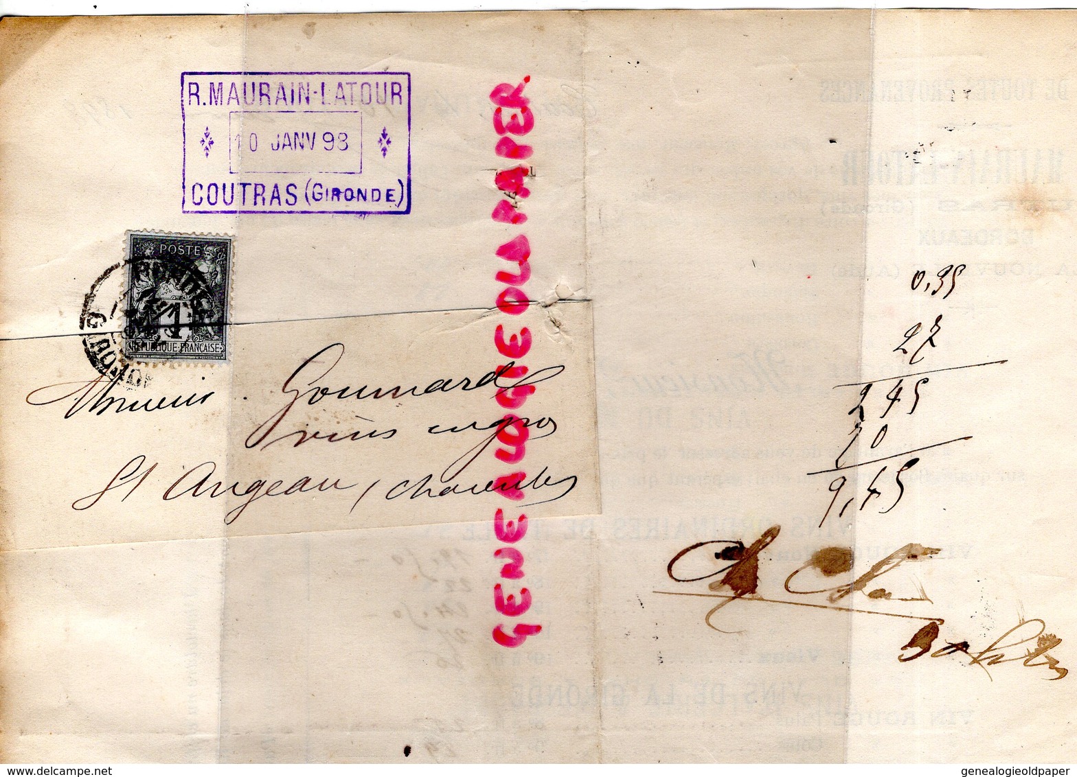 33 - COUTRAS - BORDEAUX-RARE TARIF 1898 R. MAURAIN LATOUR- PROPRIETAIRE MARCHAND DE VINS-  A GOUMARD SAINT ANGEAU - 1800 – 1899