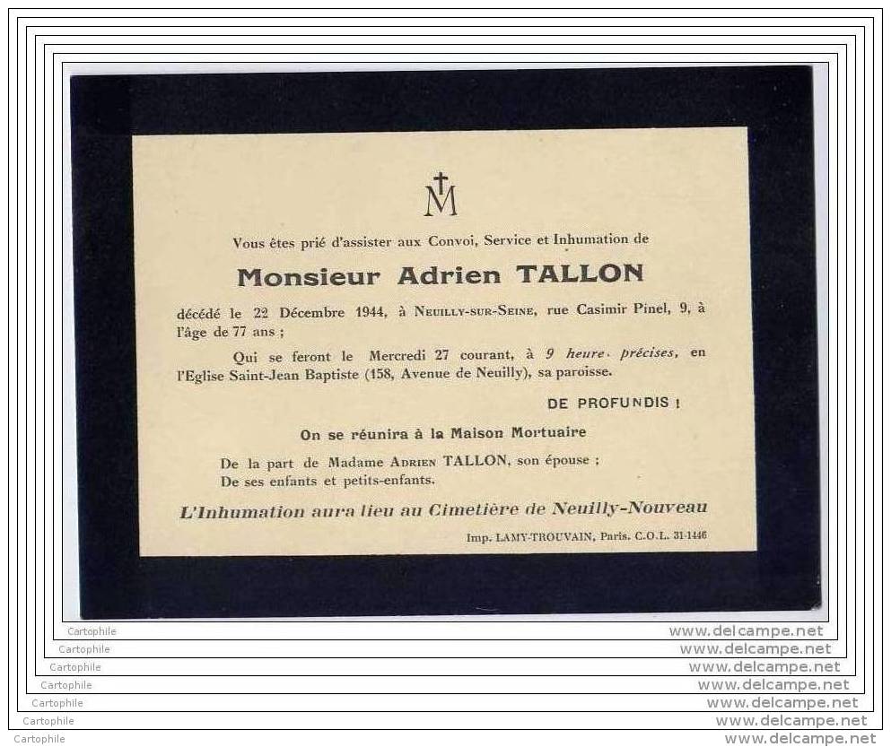Deces Mr Adrien Tallon - 22/12/1944 A Neuilly - Sonstige & Ohne Zuordnung