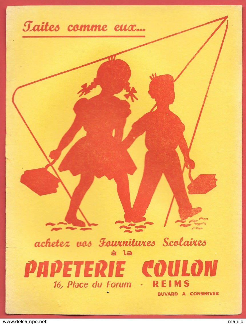 Buvard Années 50 - PAPETERIE COULON  Place Forum à REIMS (Marne) - FOURNITURES SCOLAIRES -  Illustration 2 Enfants - Papierwaren