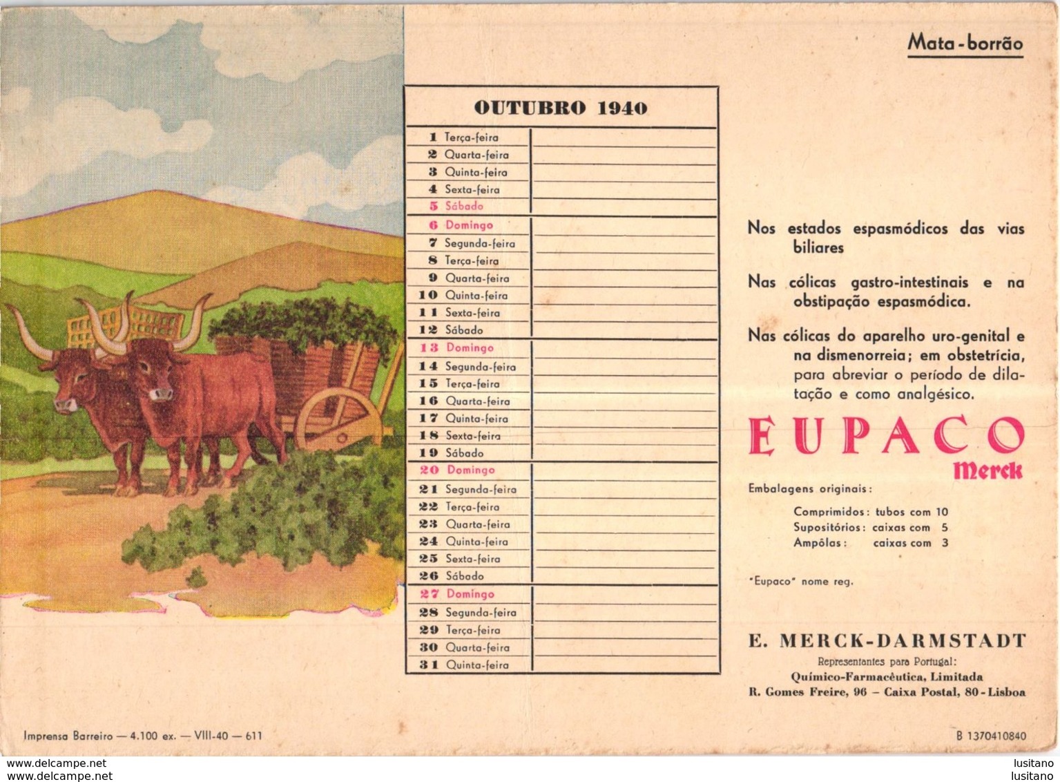 PORTUGAL MATA BORRAO BUVARD BLOTTER  20.8 X 14.7 CMS - 1940 MEDECINE ADVERTISING ( 2 SCANS ) - Pinturas