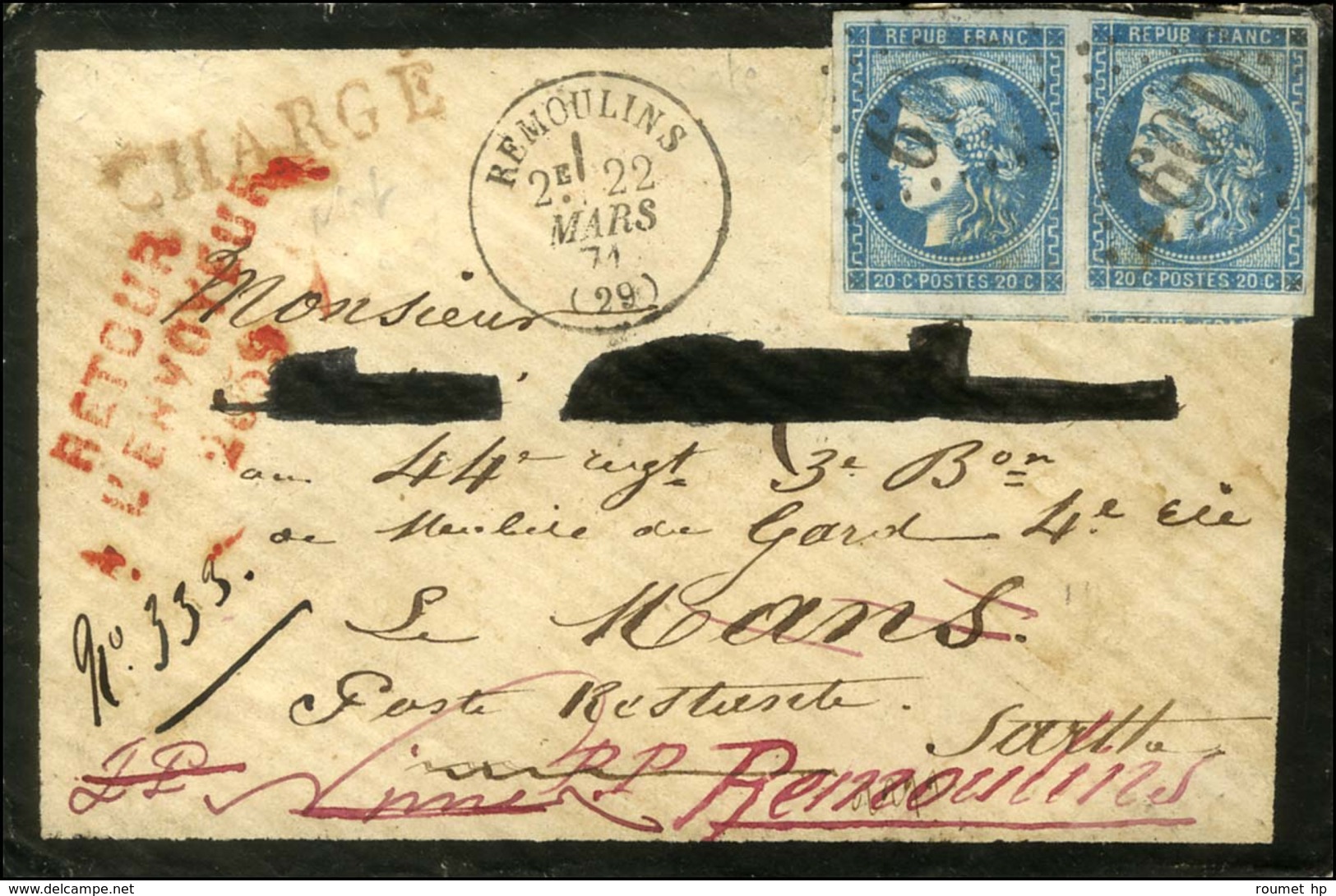 GC 3109 / N° 46 Paire Belles Marges Càd T 16 REMOULINS (29) Sur Lettre Chargée Pour Un Militaire Au Mans, Réexpédiée à S - 1870 Ausgabe Bordeaux