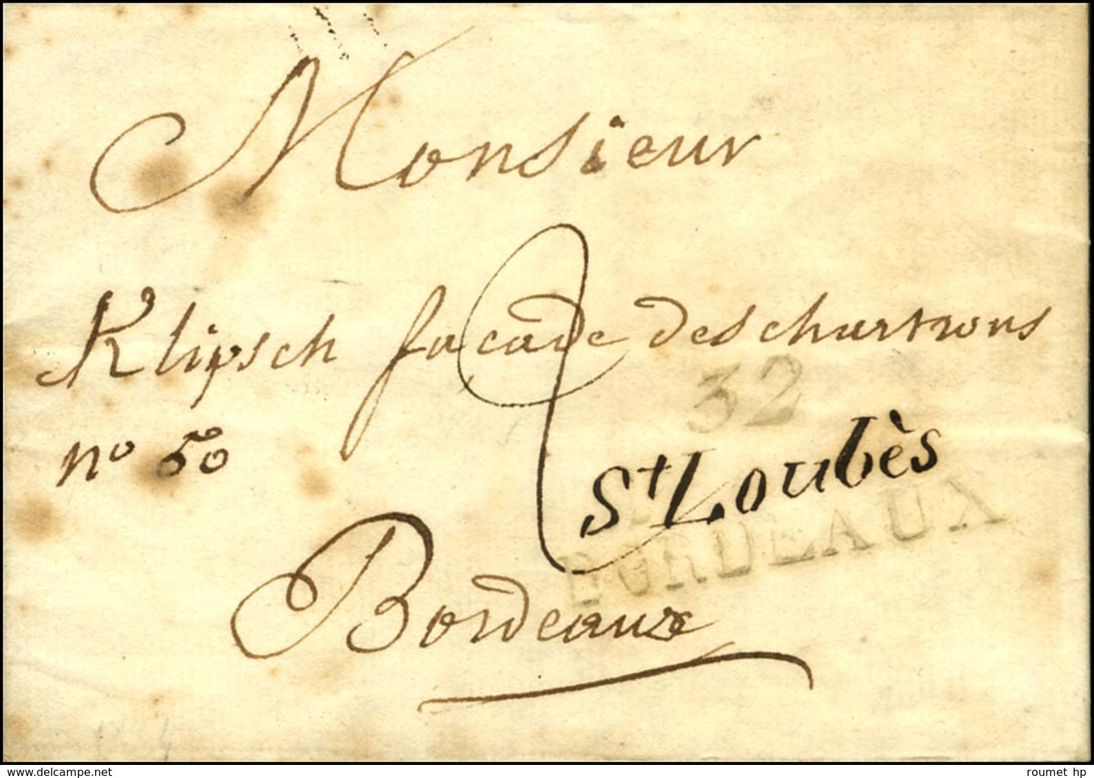 32 / '' St Loubès '' / BORDEAUX. Double Cursive Rectifiée à La Main Sur Lettre Avec Texte Daté De Beauval Par Ste Loube  - 1801-1848: Précurseurs XIX