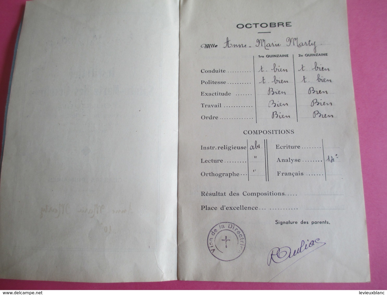 Ecole/Institution Sainte-Marie Des Ursulines/TOULOUSE/Primaire/ Carnet  De Notes/Anne-Marie MARTY/ Vers 1940   CAH186 - Diploma's En Schoolrapporten