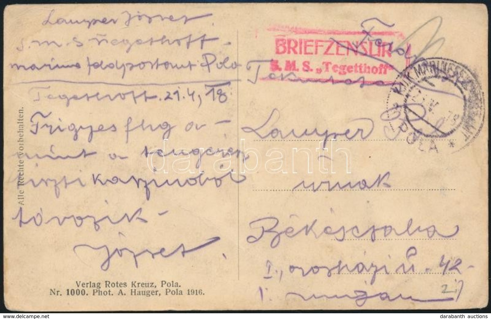 1918 Képeslap / Postcard 'BRIEFZENSUR  S. M. S. TEGETTHOFF' + 'MFP POLA M' - Andere & Zonder Classificatie