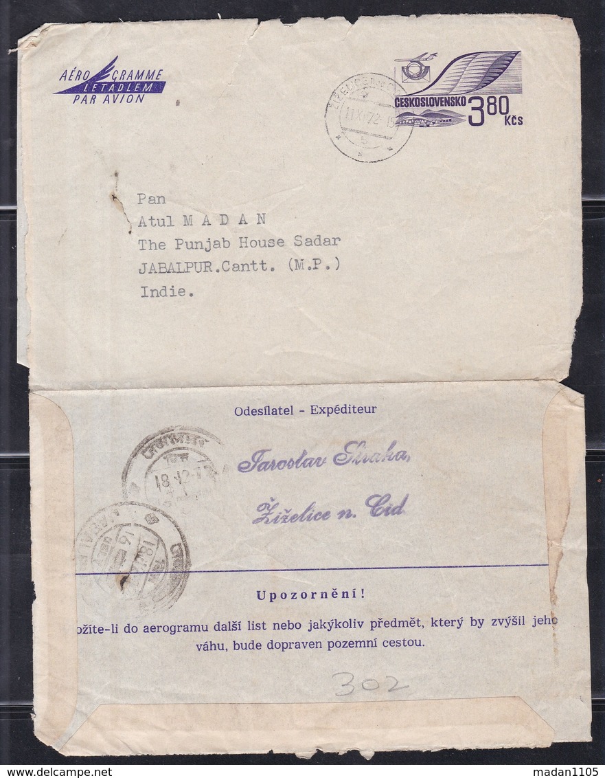 CZECHOSLOVAKIA, 1972, Used Aerogramme To India, Aeroplane, 3.80 Ks Printed Stamp - Luchtpostbladen