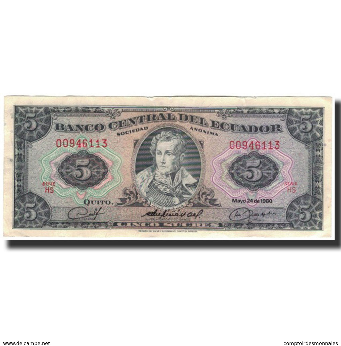 Billet, Équateur, 5 Sucres, 1980-05-24, KM:113c, TTB - Equateur