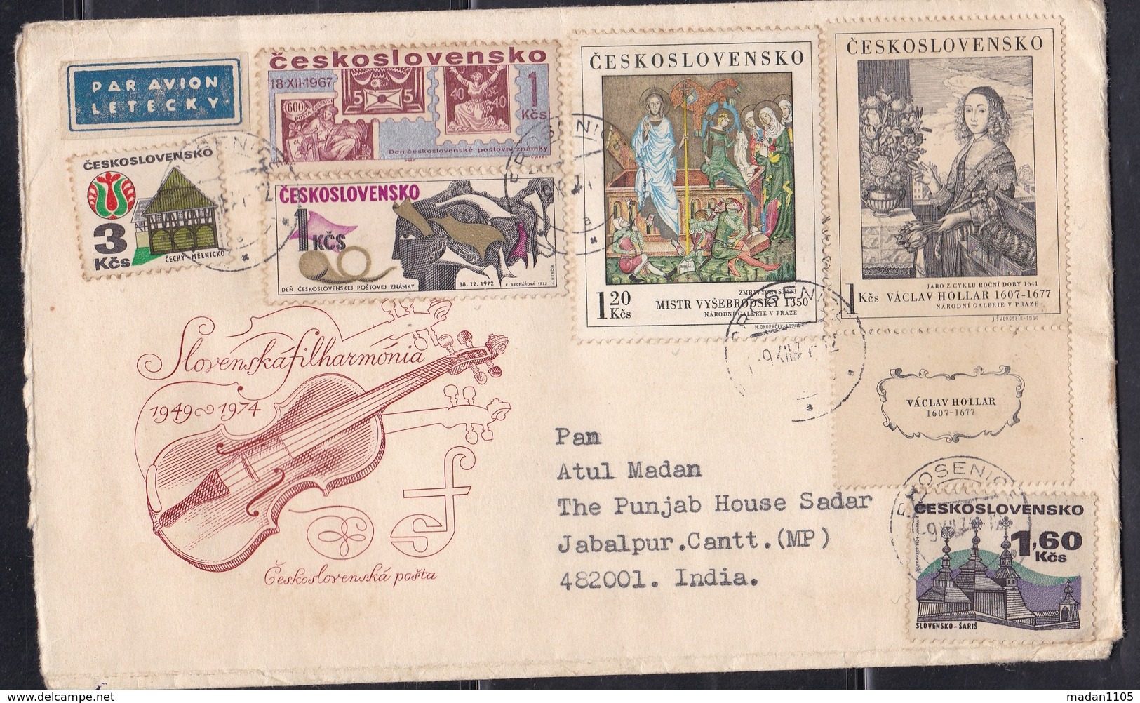 CZECHOSLOVAKIA, 1977,  Airmail  Cover  To India With 10 Stamps Including 1966 Rare Painting Stamp Vaclac Hollar,  #320 - Buste