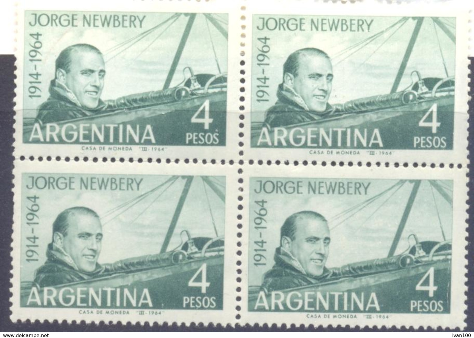 1964. Argentina, Mich.837, Pilot Jorge Newbery, 4v In Block,  Mint/** - Ungebraucht