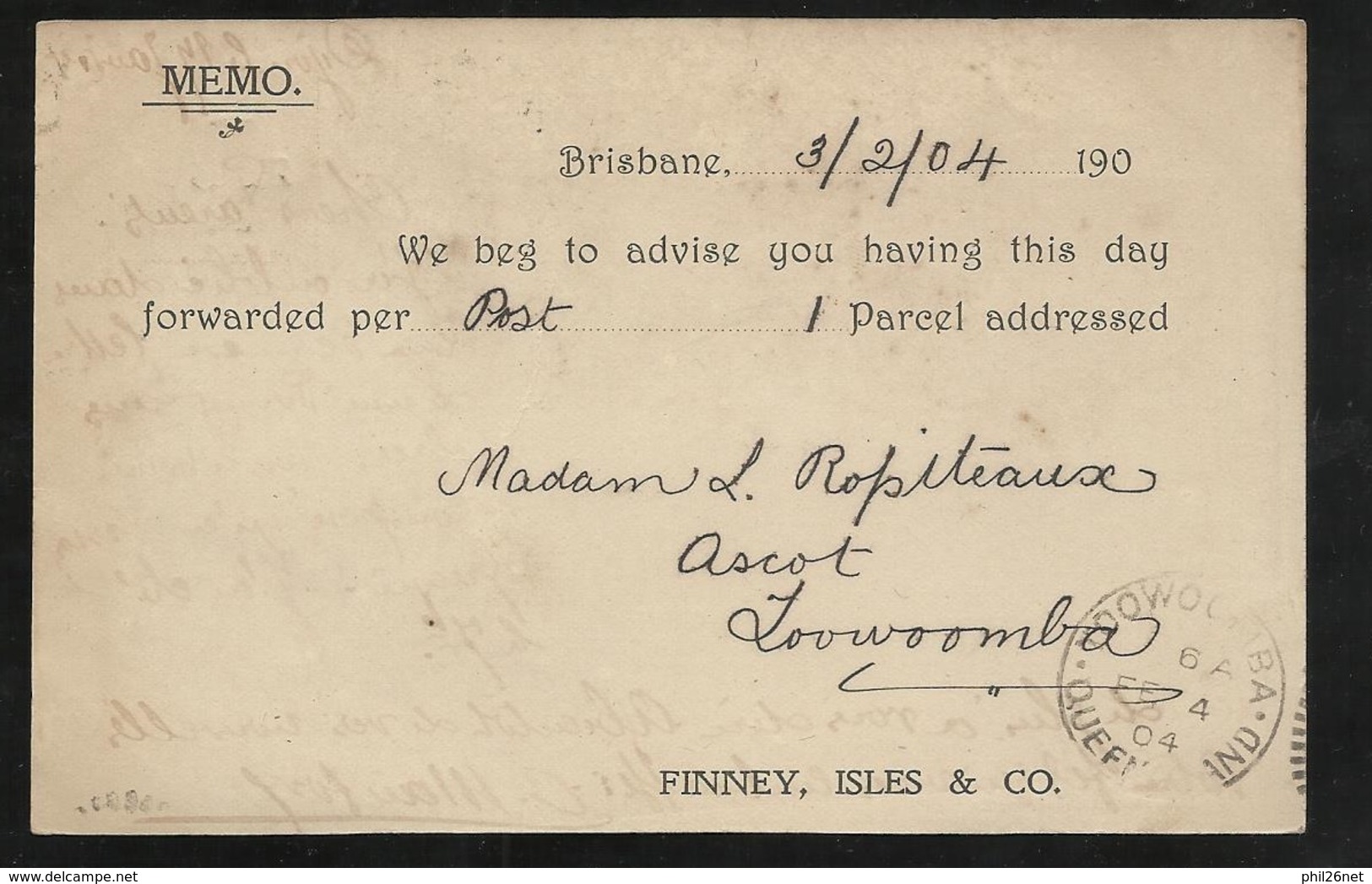 RRR  Queensland CP Entier Postal One Penny Victoria Repiqué Mine D'Or Brisbane Le 3/2/1904 Pour Toowoomba Le 4/2/04  TTB - Covers & Documents