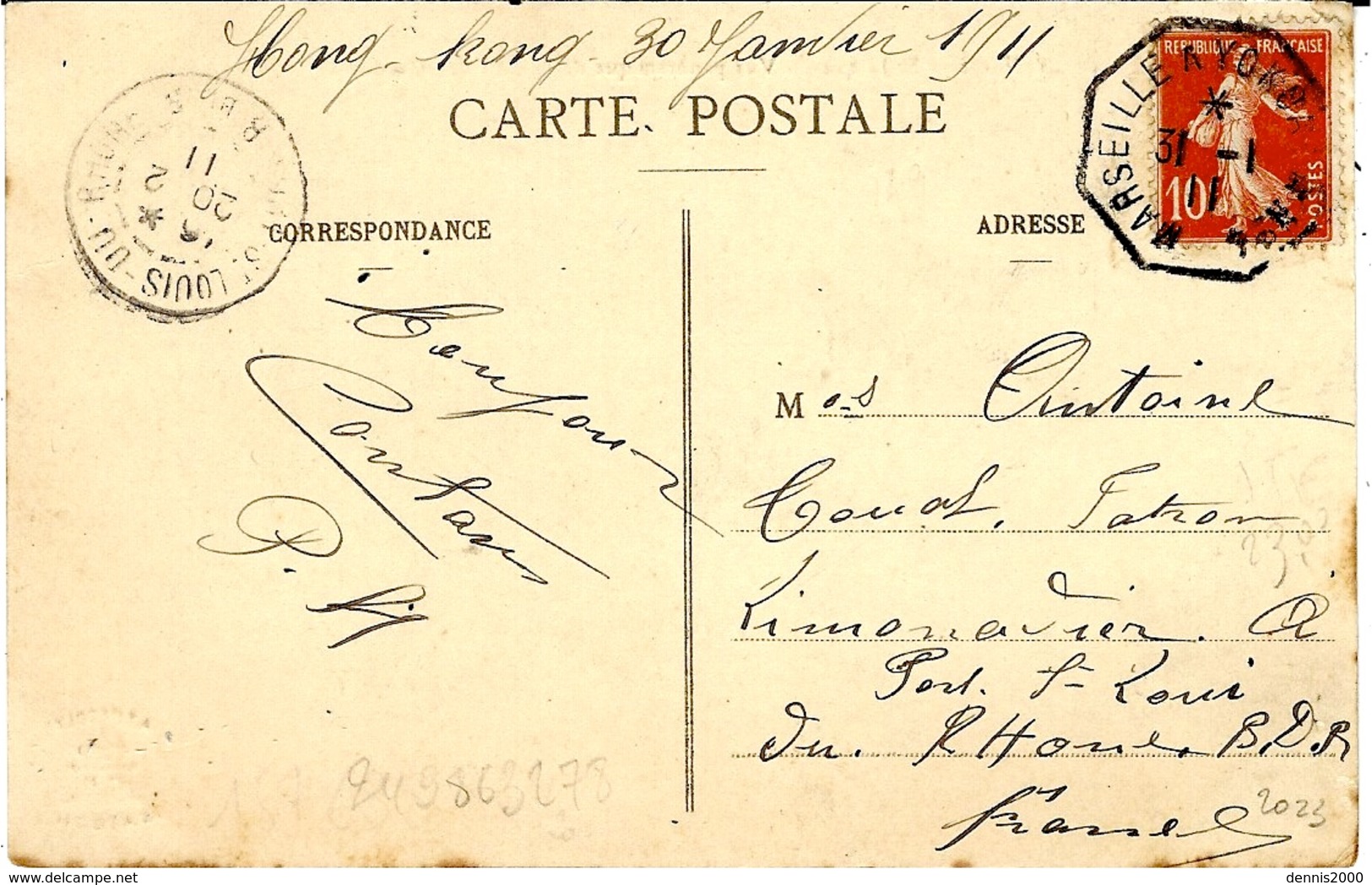 1911- C P A  D'Indochine From Hong Kong ,took To The Post On A French Boat Cad MARSEILLE A YOKOHAMA N°4 - Covers & Documents