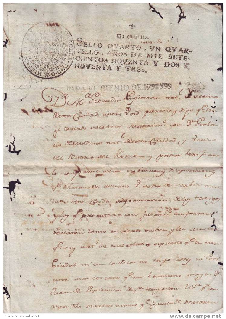 1798-PS-10 BX6607 CUBA SPAIN PUERTO RICO SEALLED PAPER 1798-9 4TO ESPAÑA PAPEL SELLADO - Portomarken