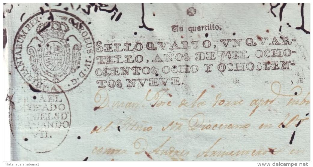 1804-PS-55 BX172 CUBA SPAIN ESPAÑA PAPEL VERDE 1808-09 SELLO 4 REVENUE PAPER "VALGA PARA EL REINADO DE FERNANDO VII" PA - Timbres-taxe