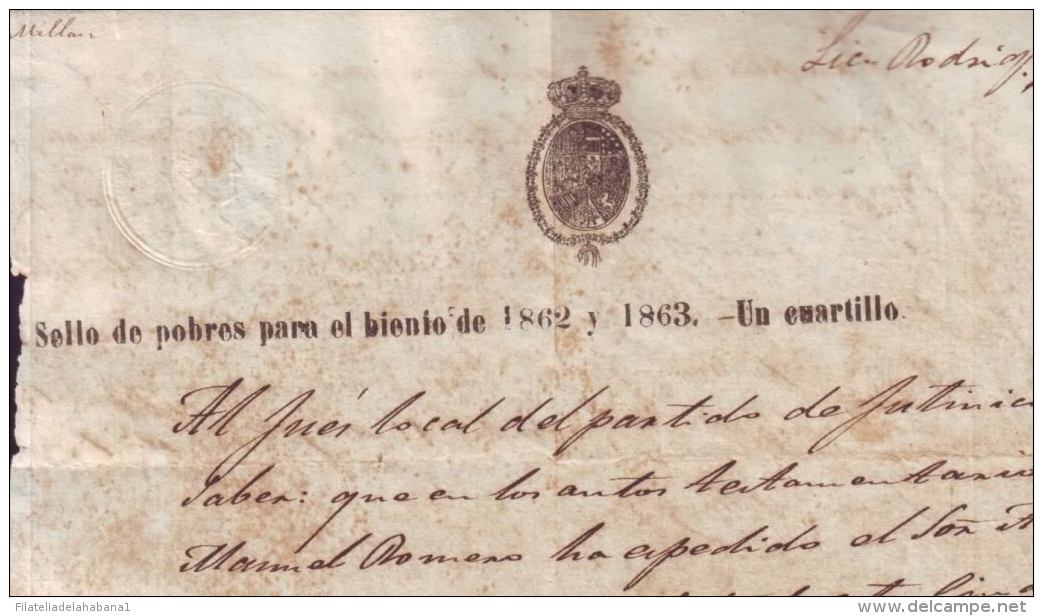 1862-PS-50 BX218 CUBA SPAIN ESPAÑA PAPEL SELLADO 1862-63 POBRES EMISION LOCAL. RARO. - Postage Due