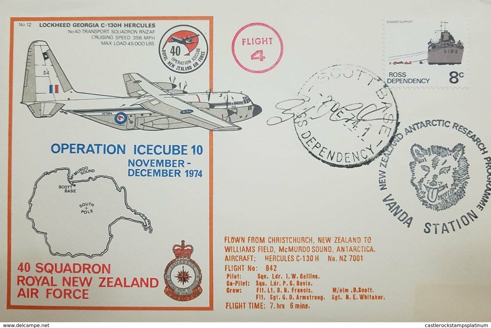 L) 1974 ROSS DEPENDENCY, SUMMER SUPPORT, BOAT, 8C, FLIGHT 4, VANDA STATION, AIRPLANE, OPERATION ICECUBE 10, MAP, SCOTT - FDC