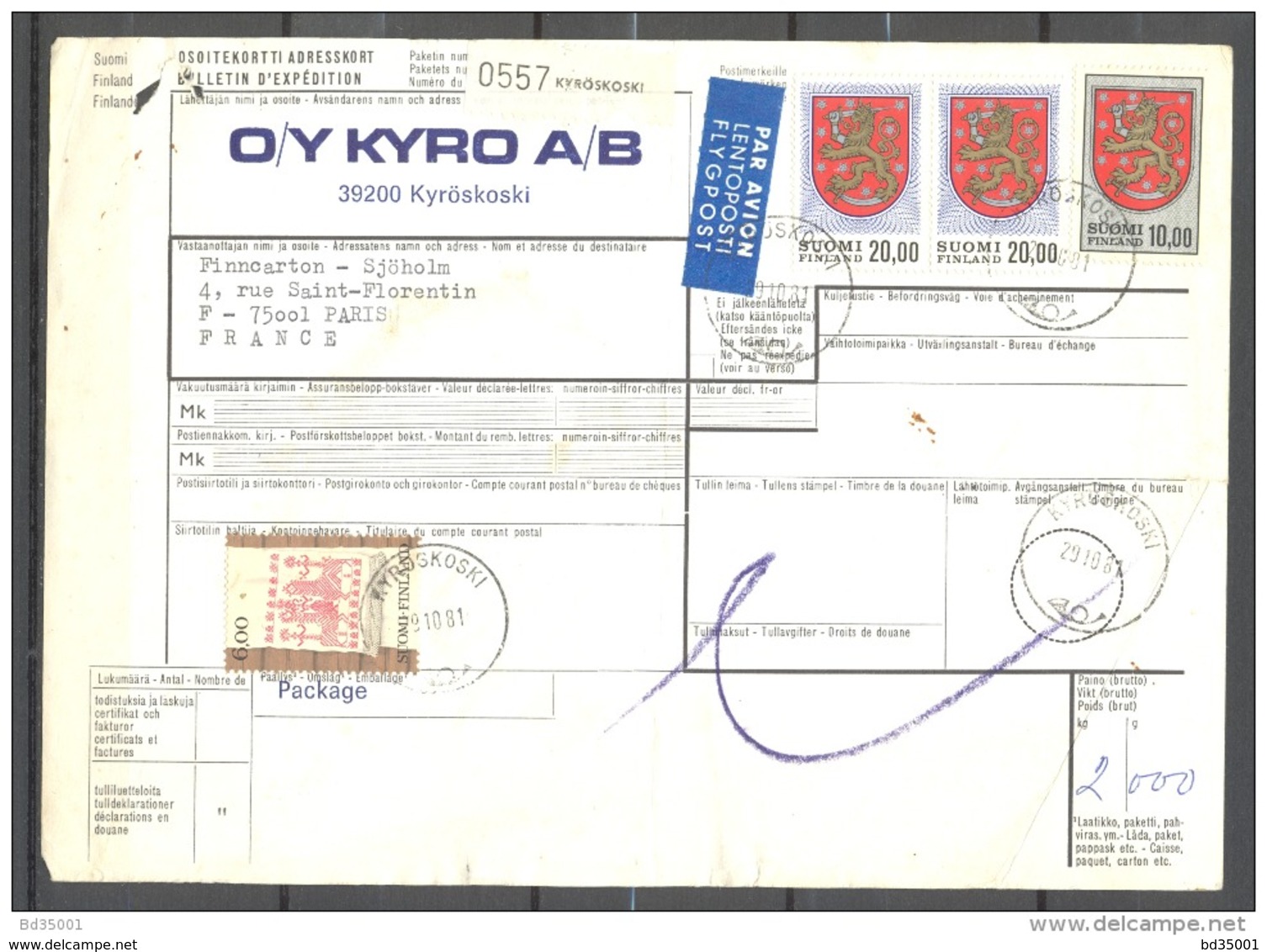 Bulletin D'Expédition - Finlande / Finland - Kyroskoski Vers Paris - 26/10/1981 - Parcel Post