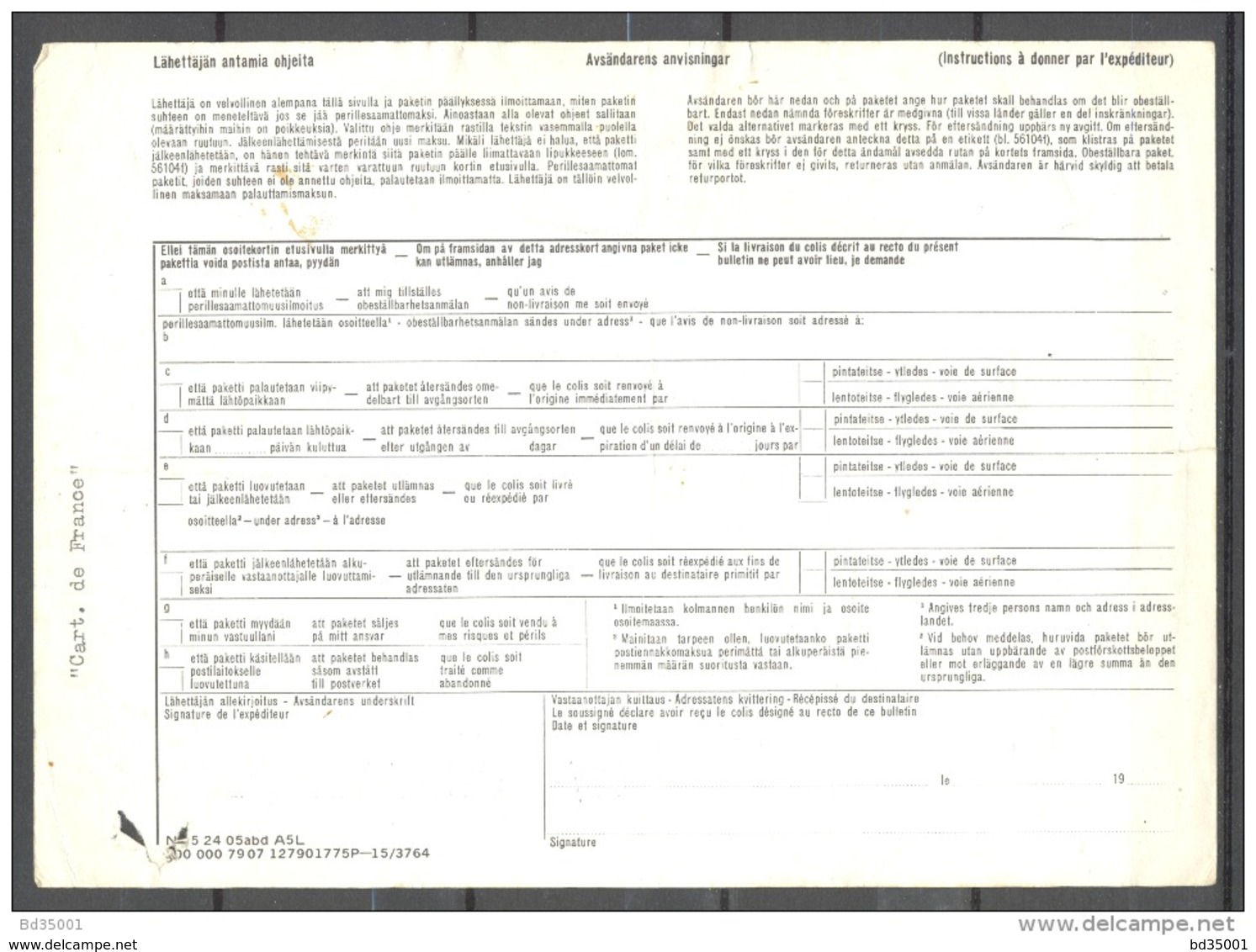 Bulletin D'Expédition - Finlande / Finland - Kyroskoski Vers Paris - 26/10/1981 - Parcel Post