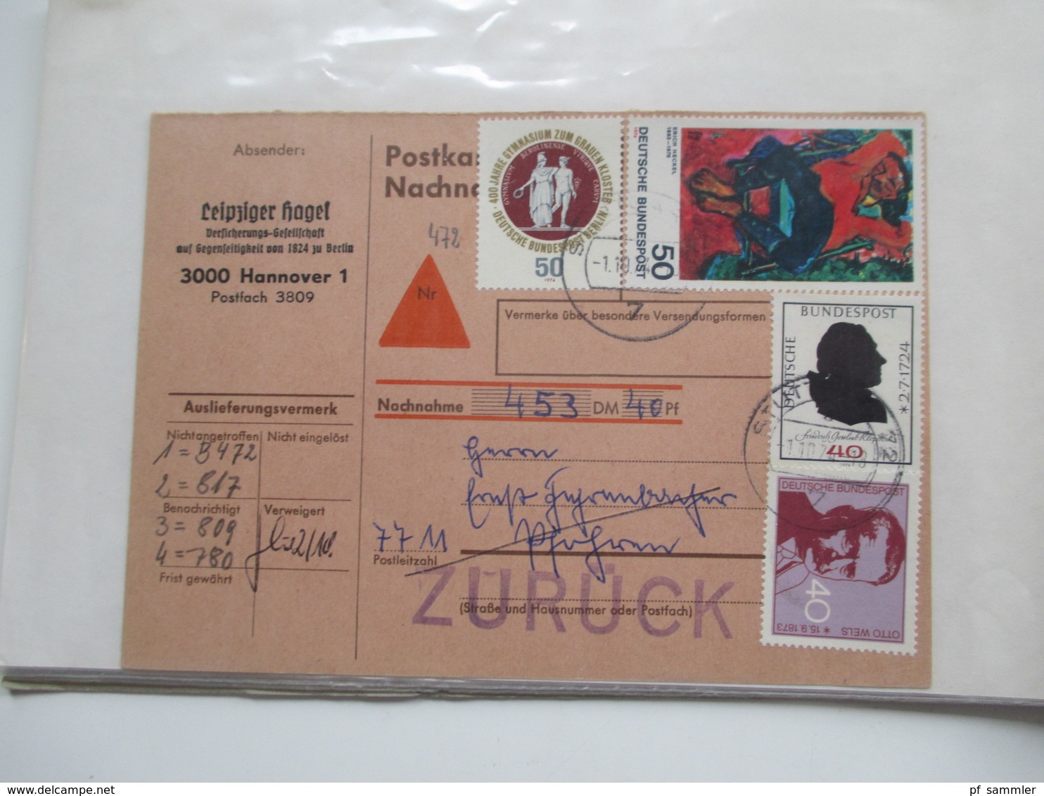 BRD / Berlin Belegeposten in 2 Alben 90 Belege / GA / Paketkarten. 22 Nachnahmekarten mit Zurück Vermerk! 1950 - 90er