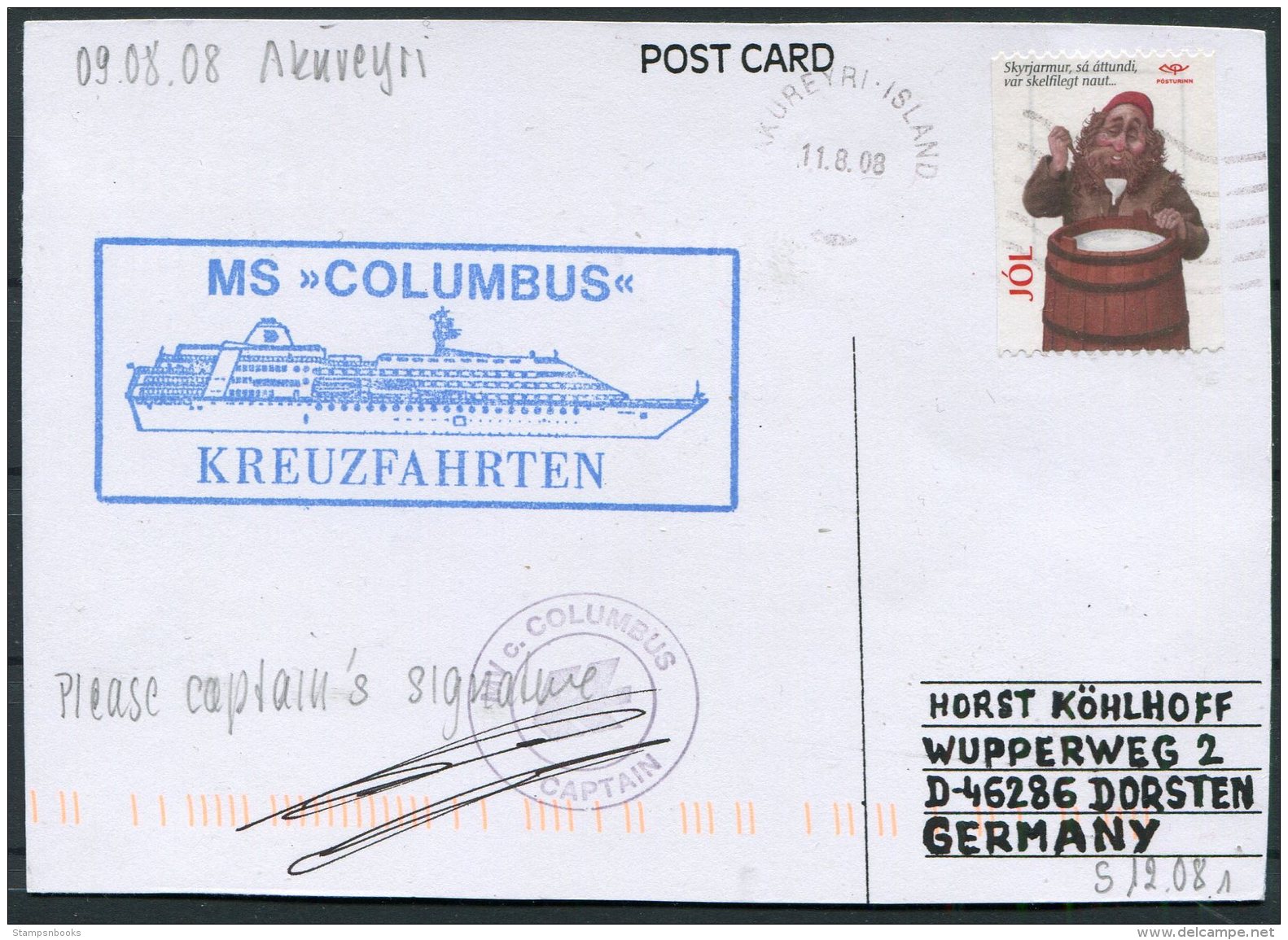 2008 Iceland 'Columbus' Polar Ship Postcard, Signed Captain - Lettres & Documents