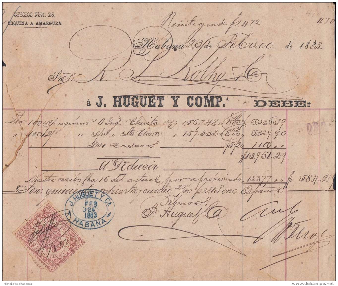 E6056 CUBA SPAIN ESPAÑA 1883 INVOICE SUGAR MILLS CLARITA + REVENUE RECIBOS Y CUENTAS. - Postage Due