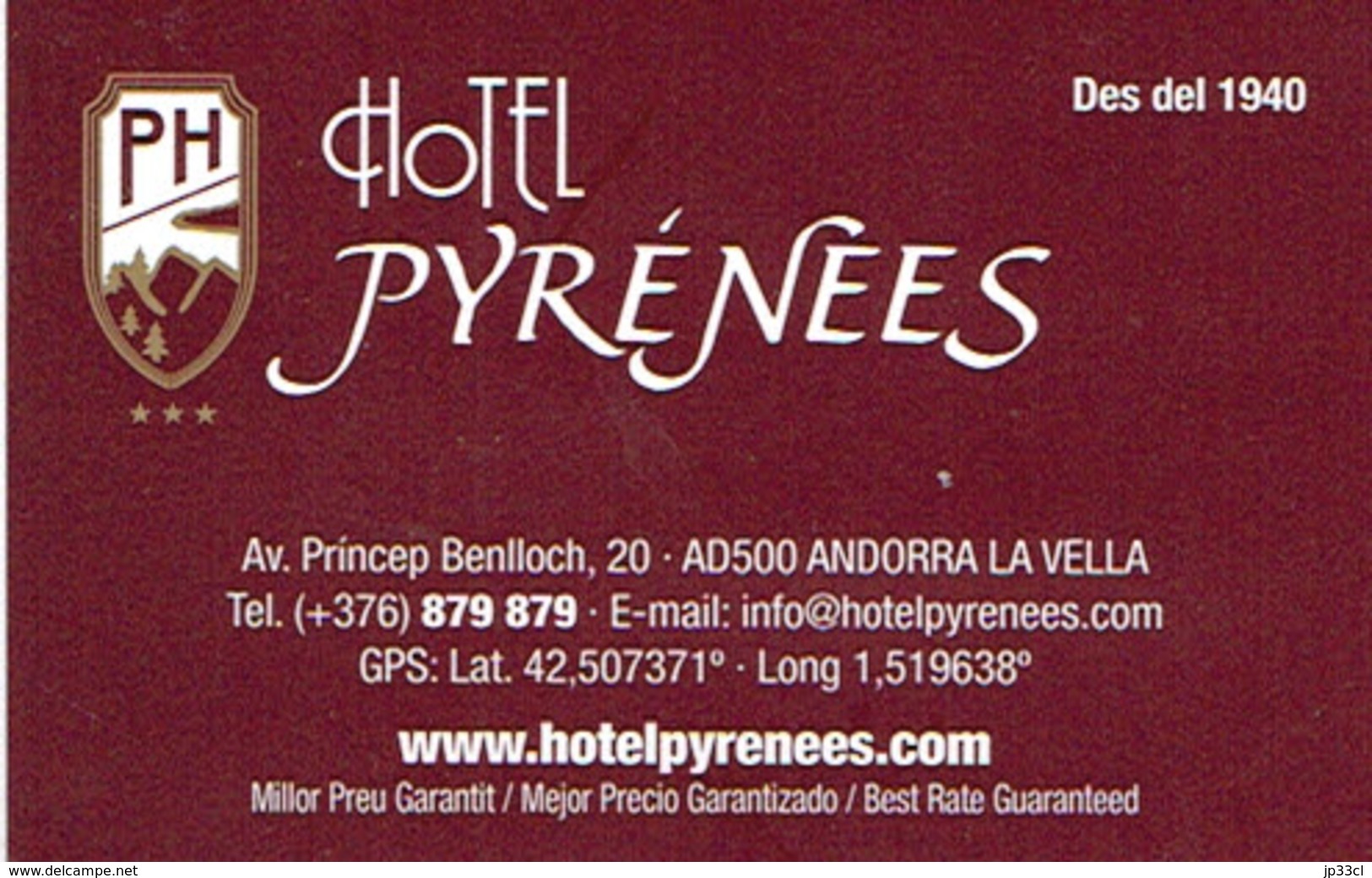 Carte De Visite De L'Hôtel Pyrénées, Andorre La Vieille (Andorra La Vella) Vers 2015 - Visitenkarten