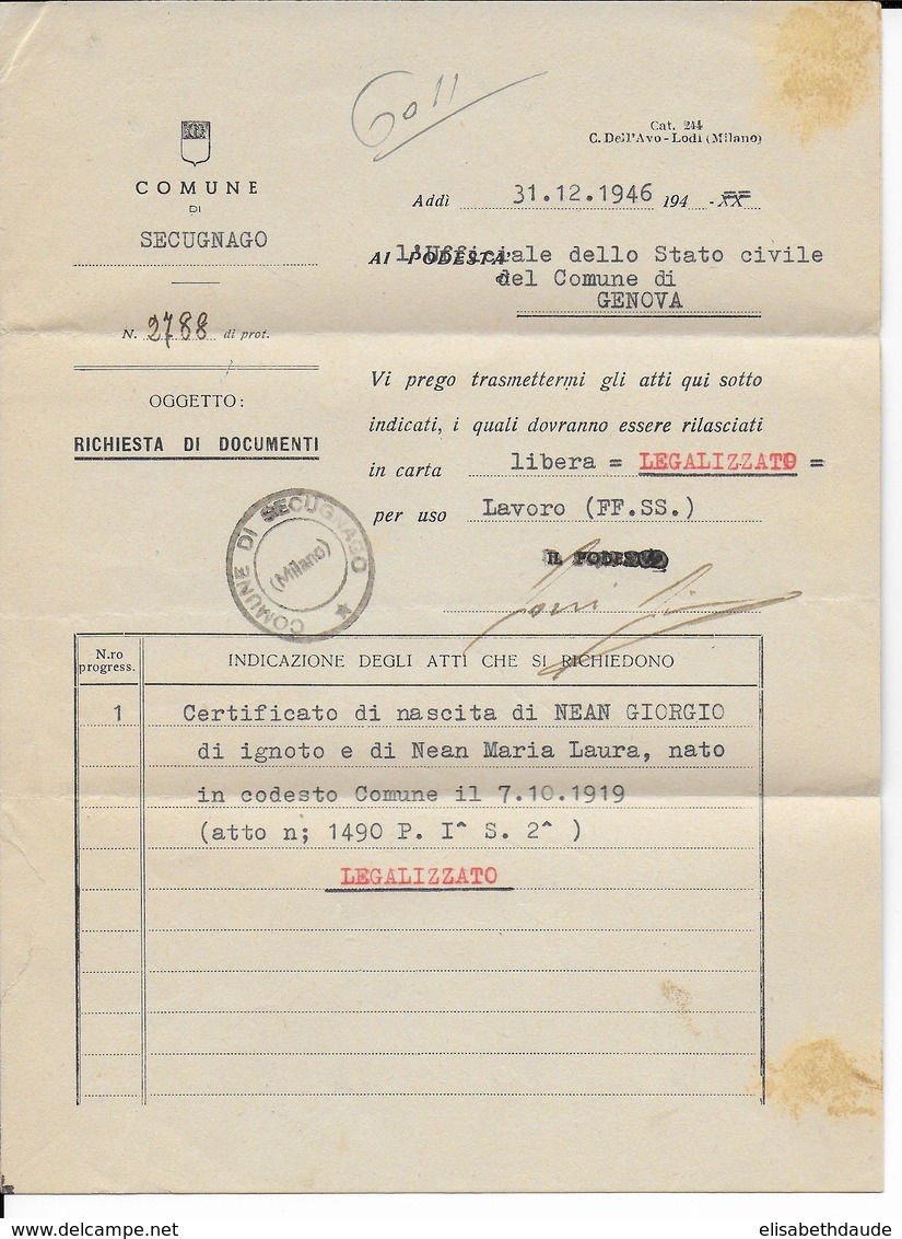 ITALIE - 1947 - ENVELOPPE De La COMMUNE De SECUGNAGO => GENOVA - Marcophilia