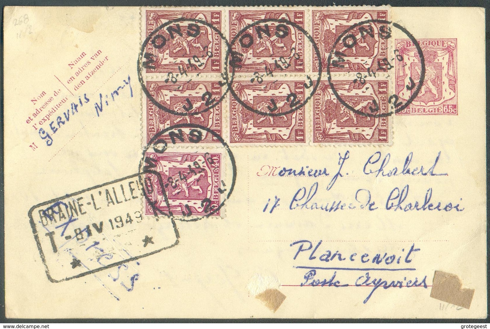 EP Petit Lion Sceau De L'état 65c. + Bloc De 6 Du 1Fr. + 40c.  Obl. Sc MONS Le 8-4-1949 Vers Plancenoit (poste Aywiers) - Postkarten 1934-1951