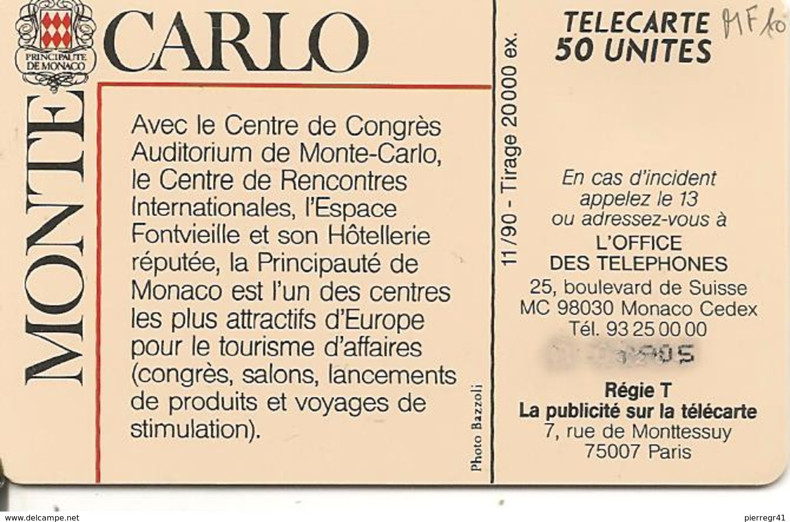 CARTE-PUBLIC-MONACO-50U-MF10-SO3-PALAIS Des CONGRES-V° N°A 0B905-UTILISE-TBE - Mónaco