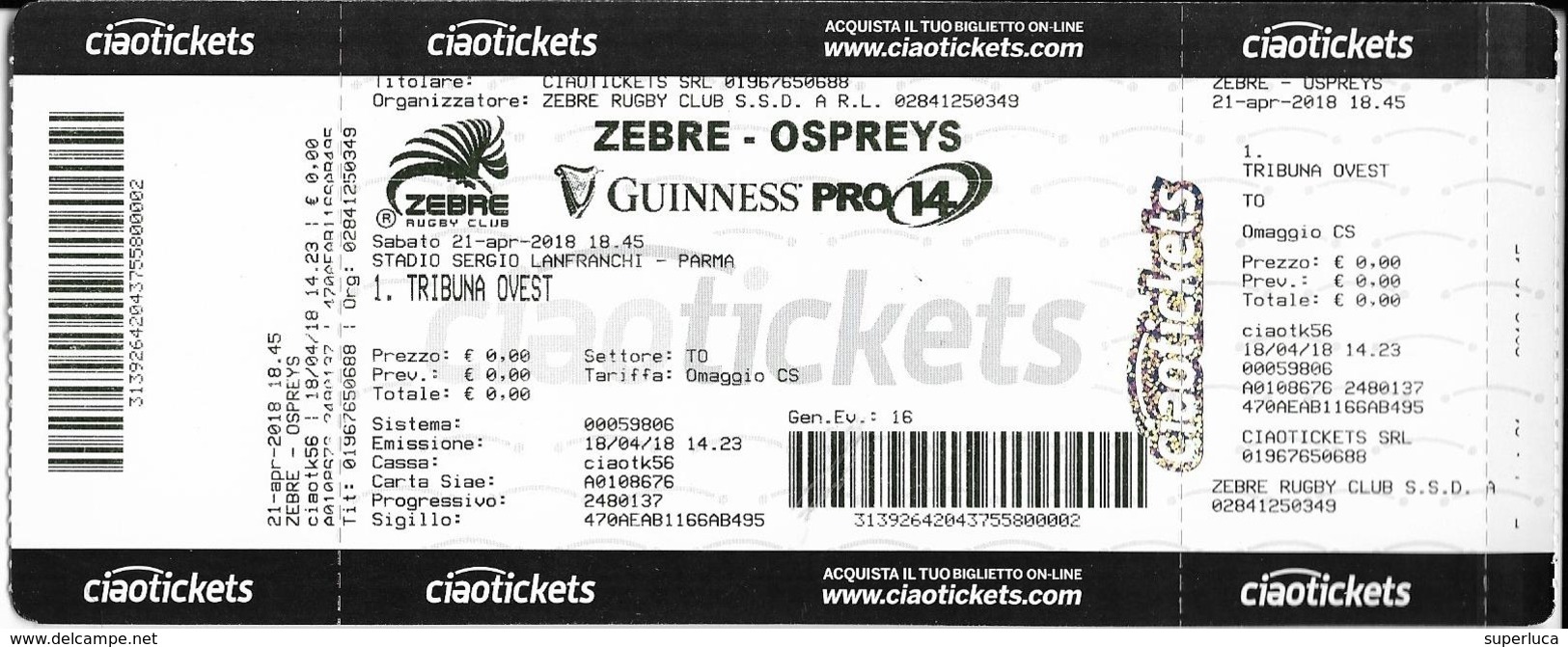 5-RUGBY ZEBRE-OSPREYS-GUINNESS PRO 14-BIGLIETTO INGRESSO - Rugby