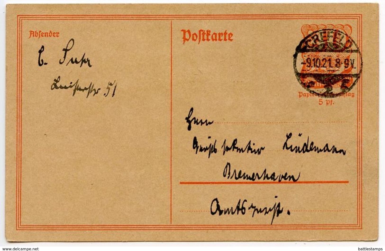 Germany 1921 40pf Postal Card, Crefeld To Bremerhaven - Postkarten