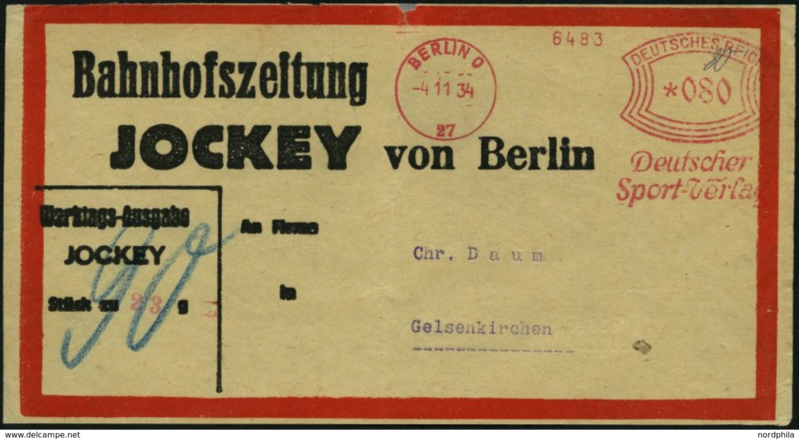 Dt. Reich 1934, Adresszettel Bahnhofzeitung JOCKEY Von Berlin Mit 80 Pf. Freistempler Vom DEUTSCHEN SPORTVERLAG, Feinst, - Other & Unclassified