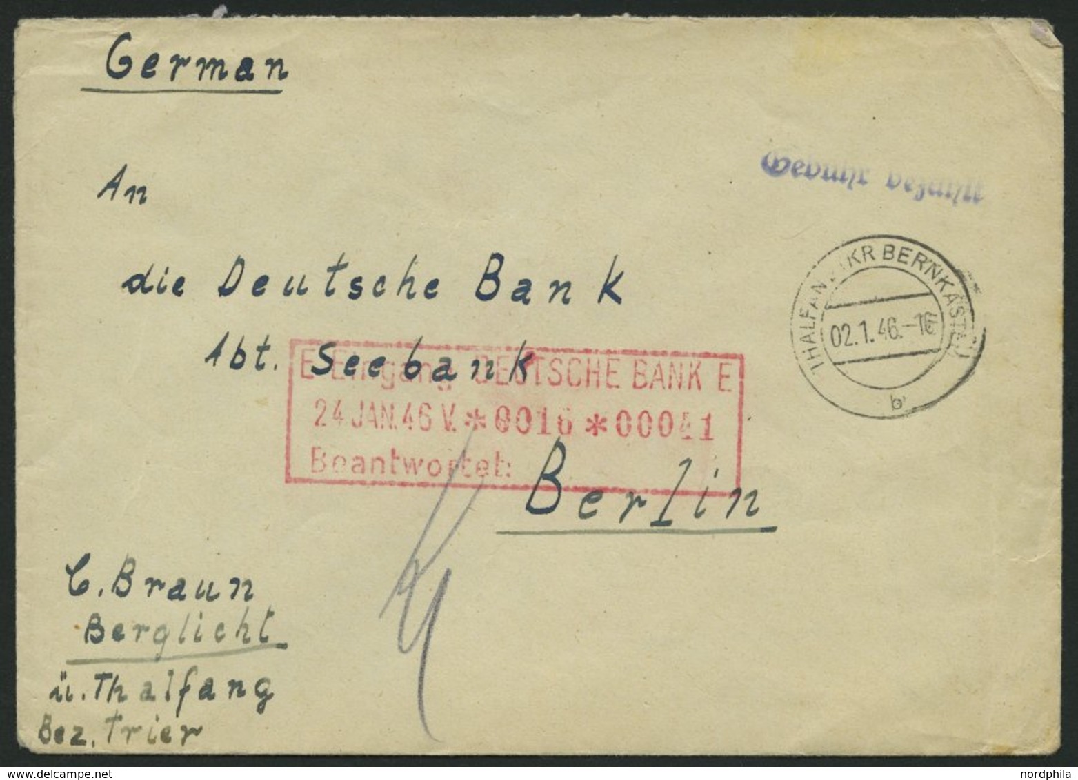 ALL. BES. GEBÜHR BEZAHLT THALFANG (KR BERNKASTEL), 02.1.46, Violetter L1 Gebühr Bezahlt, Brief Feinst - Sonstige & Ohne Zuordnung