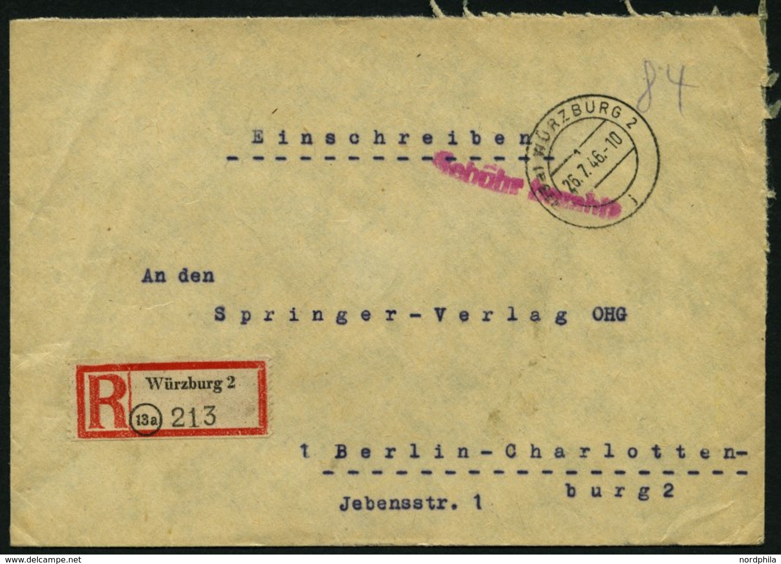 ALL. BES. GEBÜHR BEZAHLT WÜRZBURG 2, 26.7.46, Violetter L 1 Gebühr Bezahlt, L1 Auf Einschreibbrief, Ewas Knittrig Sonst  - Sonstige & Ohne Zuordnung