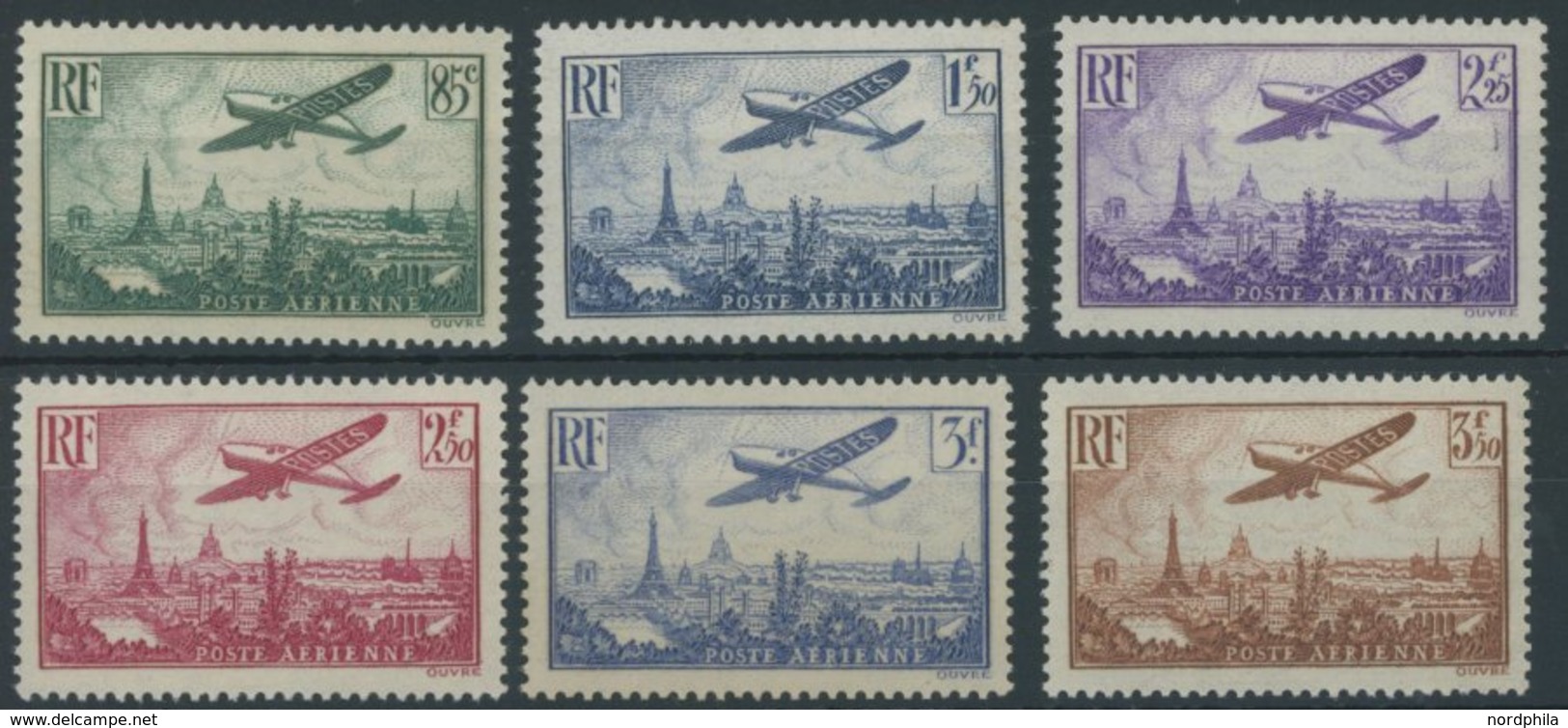 FRANKREICH 305-10 **, 1936, 85 C. - 3.50 Fr. Flugzeug über Paris, 6 Postfrische Prachtwerte - Other & Unclassified