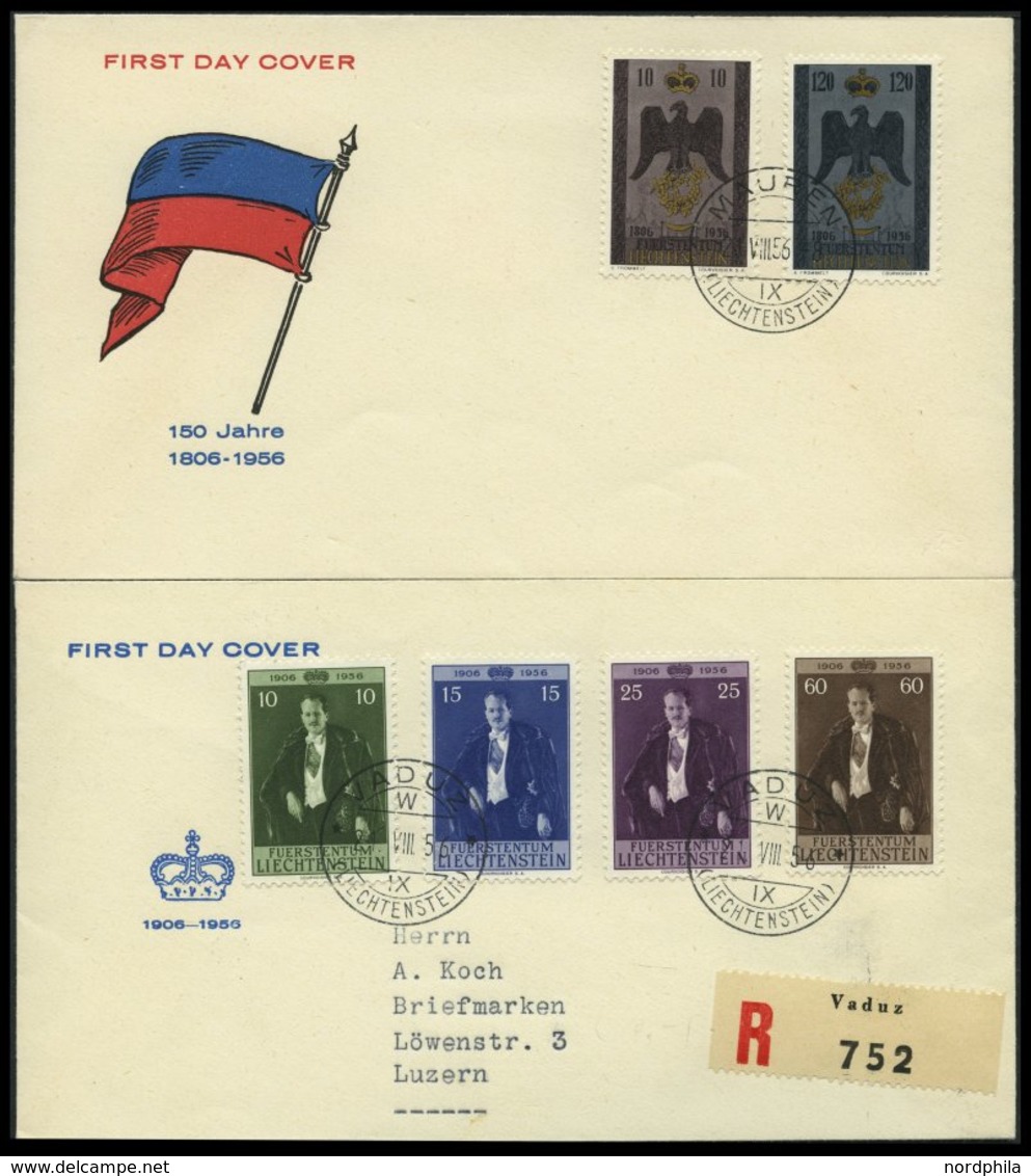 LIECHTENSTEIN 346/7,348-51 BRIEF, 1956, 150 Jahre Liechtenstein Und 50 Geburtstag Franz Josef II Auf 2 FDC`s, Pracht, Mi - Sonstige & Ohne Zuordnung