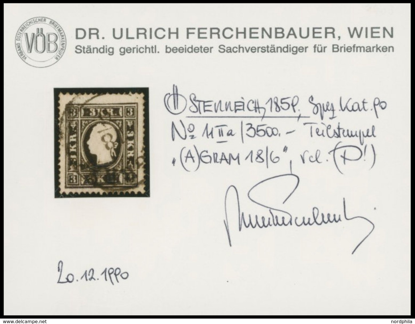 ÖSTERREICH BIS 1867 11II O, 1859, 3 Kr. Schwarz, Type II, K2 (A)GRAM, Pracht, Fotobefund Dr. Ferchenbauer, Mi. 250.- - Sonstige & Ohne Zuordnung
