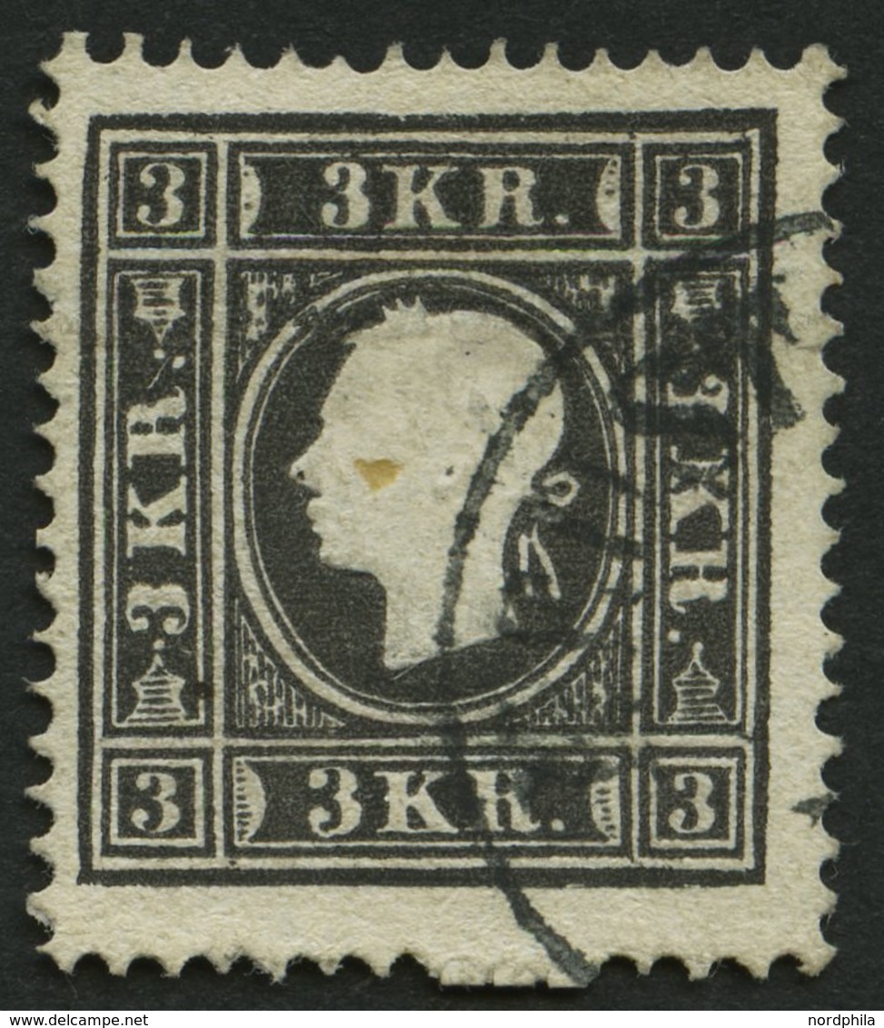 ÖSTERREICH 11II O, 1859, 3 Kr. Schwarz, Type II, Unten Drei Ausgelassene Zähnungslöcher, Pracht - Sonstige & Ohne Zuordnung