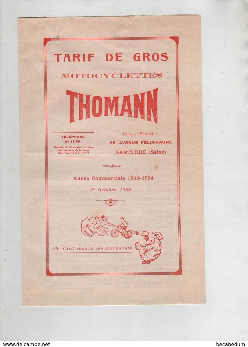 Dépliant Tarif De Gros Motocyclettes Thomann Nanterre  1933 1934 - Motor Bikes