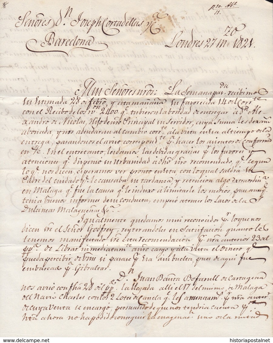 1821. LONDRES A BARCELONA. MARCA ANGLETTERRE EN ROJO. 2/2 CHELINES/PENIQUES Y PORTEO "10" REALES. "VIA FRANCIA". - ...-1840 Vorläufer