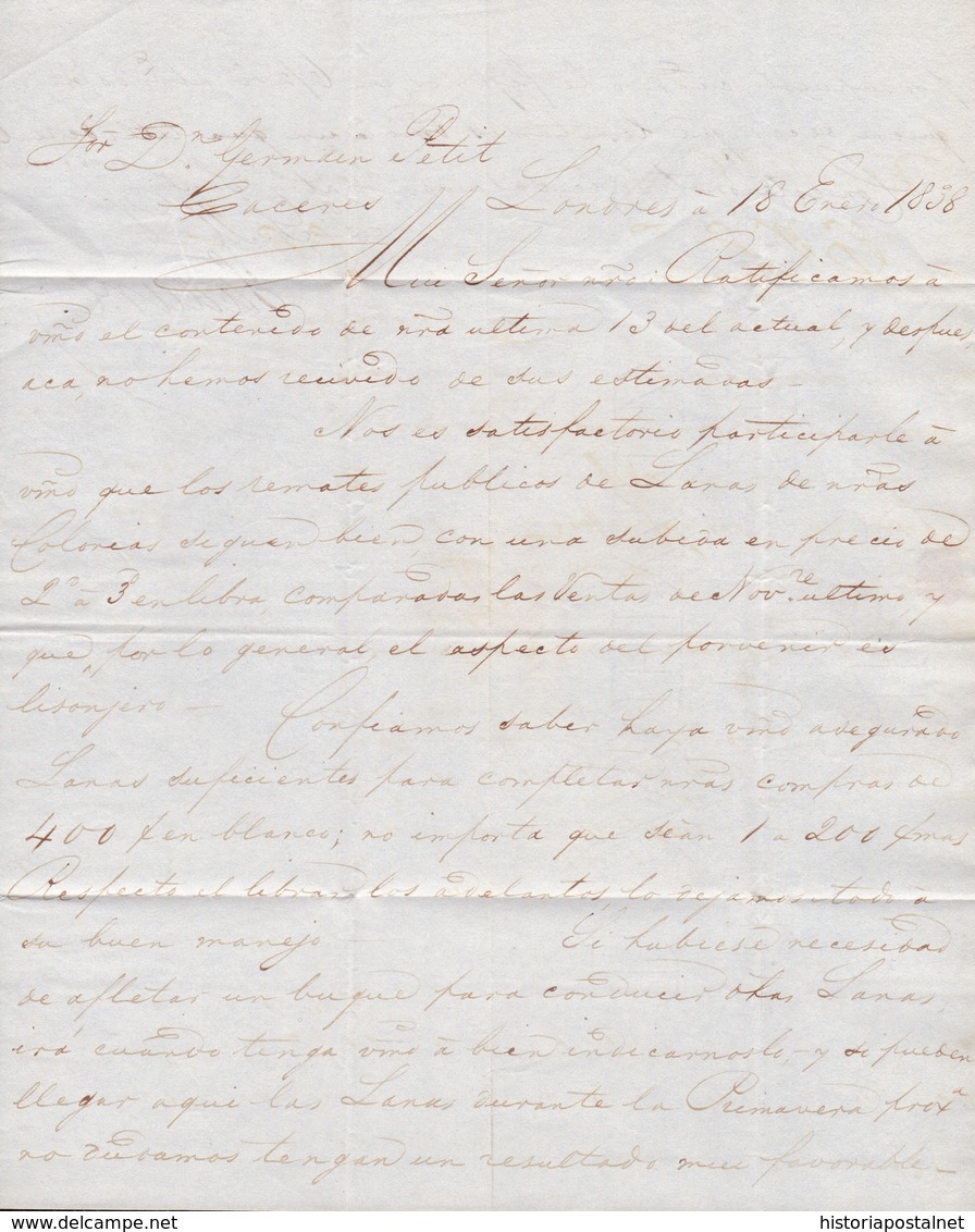 1838. LONDRES A CÁCERES. FECHADOR ANGLATTERRE PAR CALAIS CIRCULAR. PORTEO 1 CHELÍN Y 7Rs REALES ROJO. AL DORSO FECHADOR. - ...-1840 Precursores