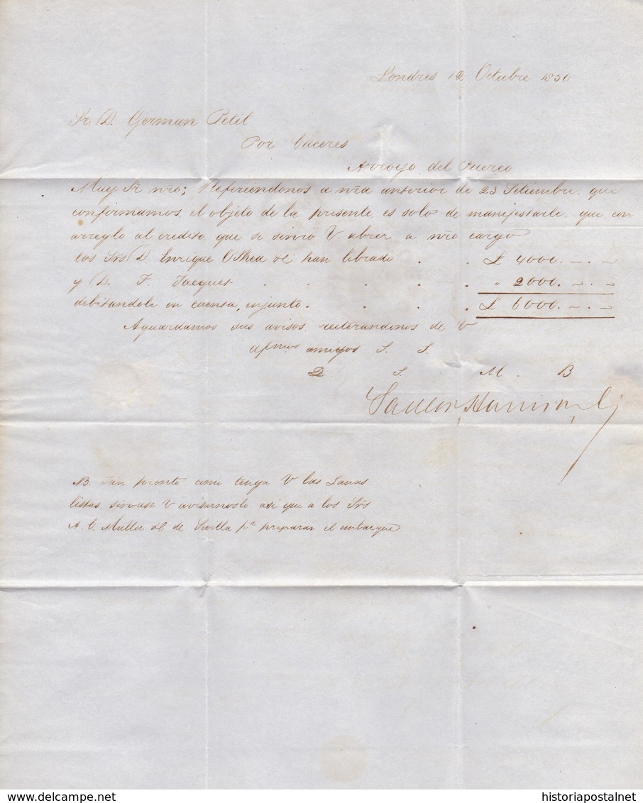 1850. LONDRES A ARROYO DEL PUERCO. FECHADOR LONDON/PAID Y TRÁNSITO POR CALAIS. 10Rs EN ROJO. INTERESANTE CARTA COMPLETA. - ...-1840 Préphilatélie