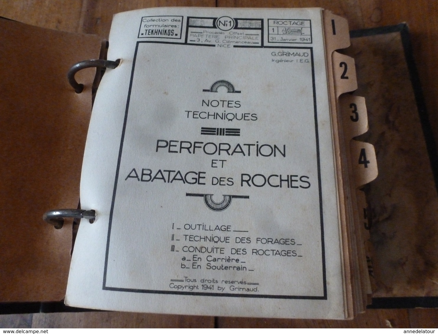 1941 Rare document technique de PERFORATION ET ABATTAGE DES ROCHES , édition TEKHNIKOS