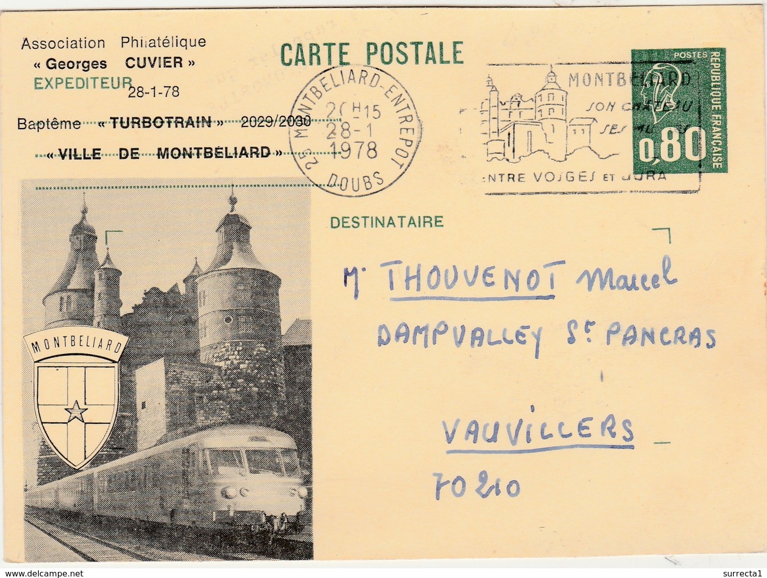 Carte Postale Entier Repiqué 1978 / Turbotrain Montbéliard / 25 Doubs - AK Mit Aufdruck (vor 1995)