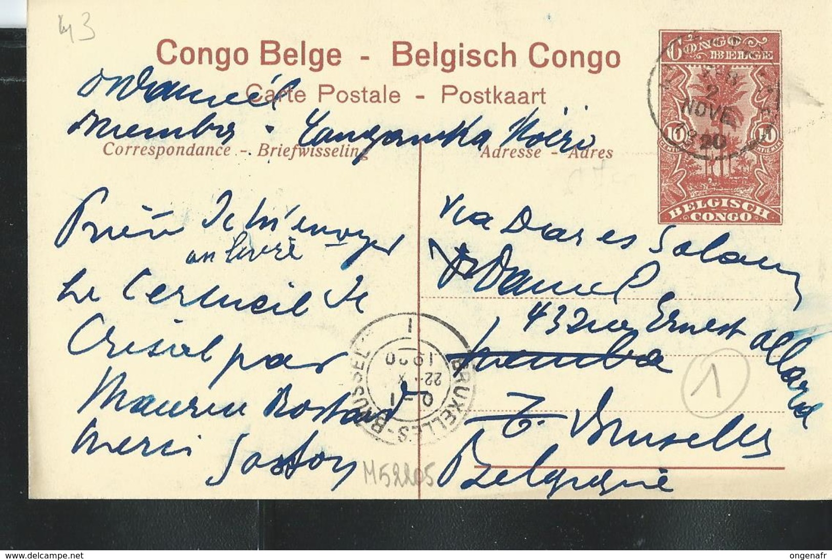 Carte Obl. N° 43 Vue  33 Uvira: Entrée De La Redoute  Obl. 2/11/1920  Pour Bruxelles - Stamped Stationery