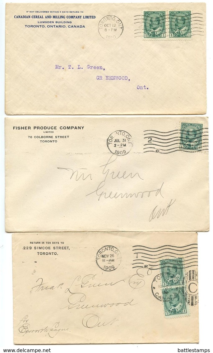 Canada 1909-1910 3 Covers Toronto, Ontario To Greenwood, Ontario W/ Scott 89 KEVII - Covers & Documents